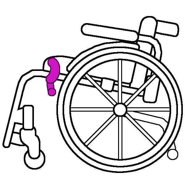 A black and white rigid wheelchair in profile with a bright pink wheel lock.
